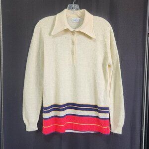 Vintage Jantzen Women's Cream Pullover Sweater Collared Striped Red Blue Cream